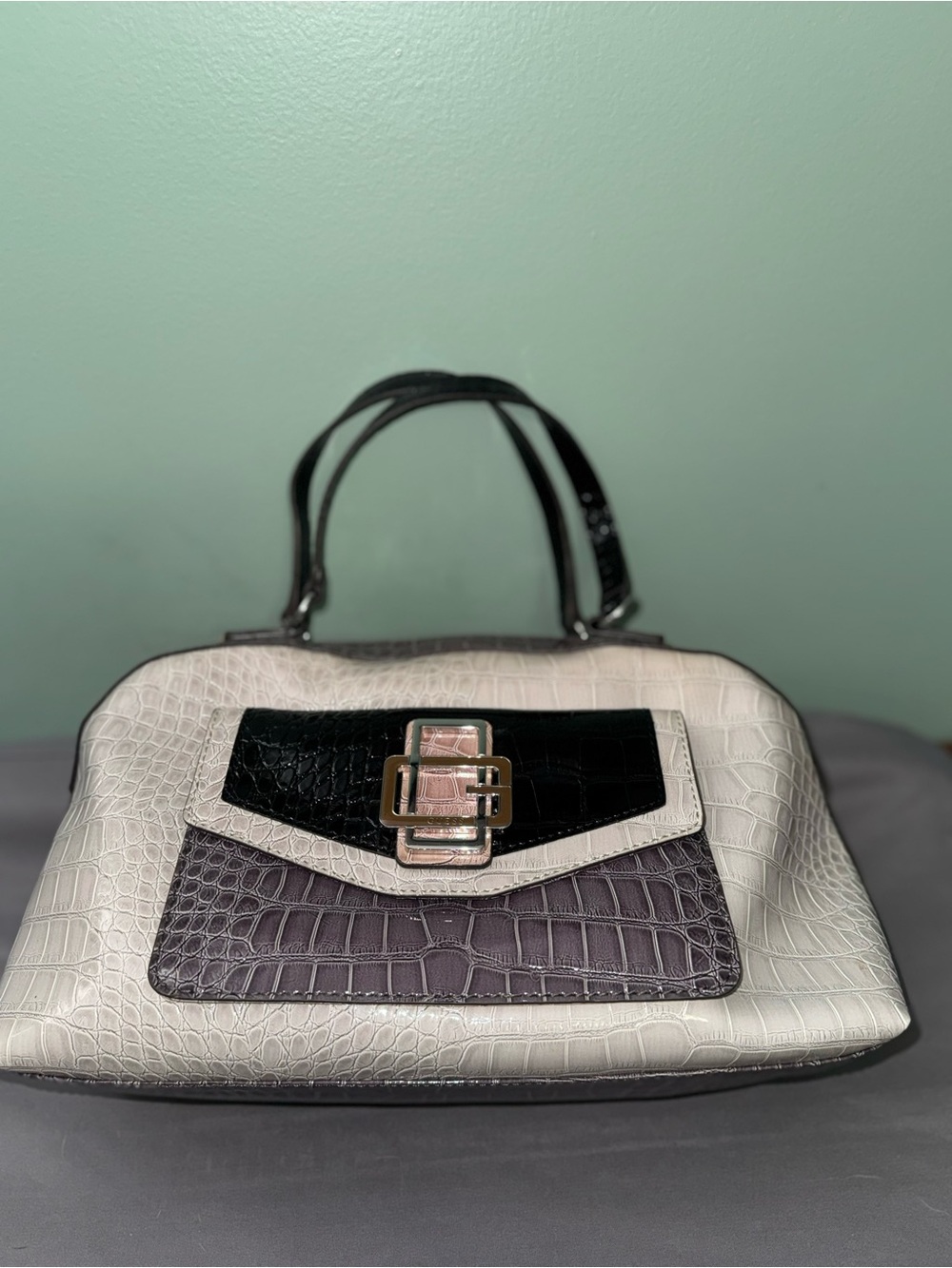 G by Guess Croc-Embossed Purse in Black & Ivory with Purple accent